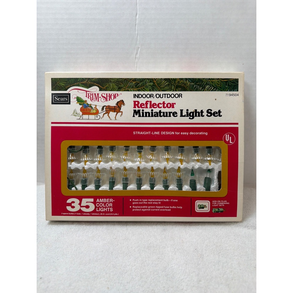 NIB Vintage Sears Trim-Shop Christmas Lights Amber Reflector 35 Light Set
